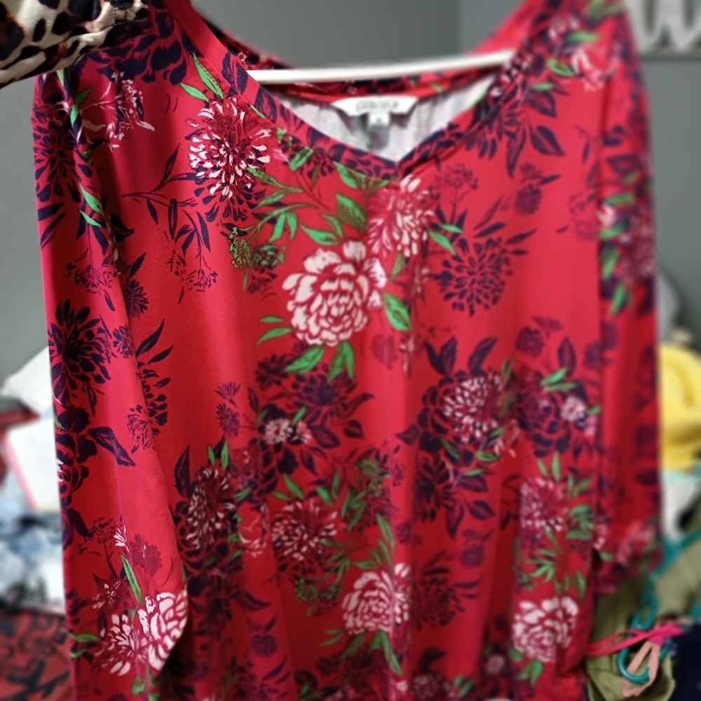 The Pioneer Woman Vibrant Red and Green Floral Blouse